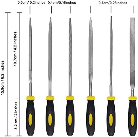 kapoua Needle File Set, 6 Pieces Hand Metal Files, Hardened Alloy Strength Steel Set Includes Flat, Flat Warding, Square, Triangular, Round, and Half-Round File