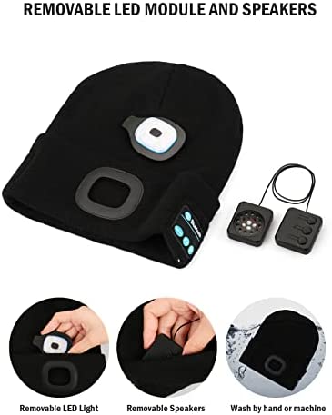 Bluetooth Beanie Hat with Light, Unisex USB Rechargeable 4 LED Headlamp Cap with Wireless Headphones, Unique Christmas Birthday Gifts for Men Him Husband Teen (Black)