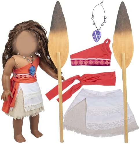 Dress Along Dolly Moana Inspired Princess Doll Outfit (5 Piece Set) - Costume Clothes & Accessories Include Necklace, Paddle, Top, Skirt, & Scarf - for 18" Dolls