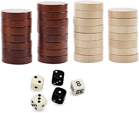 ASNEY Wooden Backgammon Pieces, Solid Wood Checker Pieces Set Board Game Table Chips and 5 Dices, Includes Storage Bag (1.34")