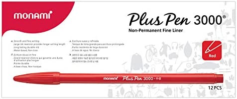 MONAMI Plus Pen 3000 Felt Tip Pens, Fine Point (0.4mm), Fine Liner, Writing/Journaling/Note Taking at home, school and office, Red, 12-Count