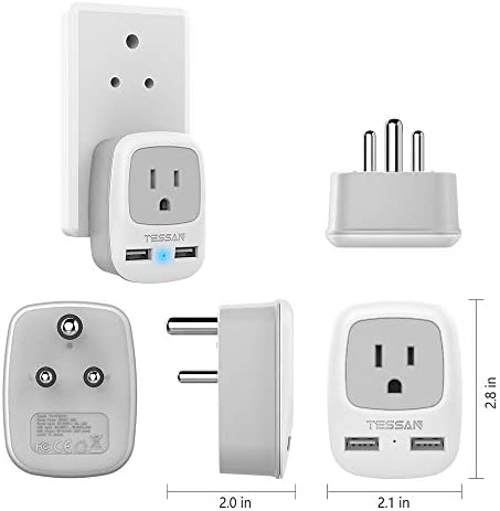 US to India Power Adapter, TESSAN International Grounded Travel Plug Adapter with 2 USB &1 American Sockets Outlet Charger, Type D Adaptor for Bangladesh Maldives Nepal Pakistan