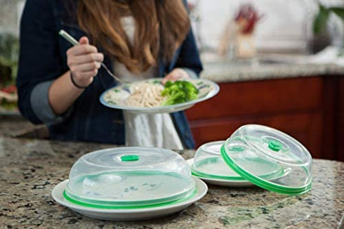 Press n Fresh Universal Vacuum Air-tight Food Sealer Container Plate Platter Lid Cover Topper Dome, Stackable, Dishwasher and BPA Free (9 & 7 inches, Green)