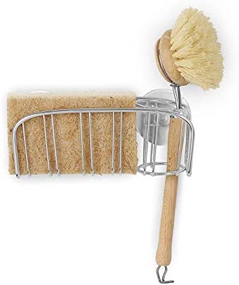Spectrum Diversified Contempo Sponge & Brush Modern Sponge Holder & Kitchen Organizer, Vertical Scrub Brush Holder, Secure Suction Seals to Kitchen Sinks, 1 EA, Chrome