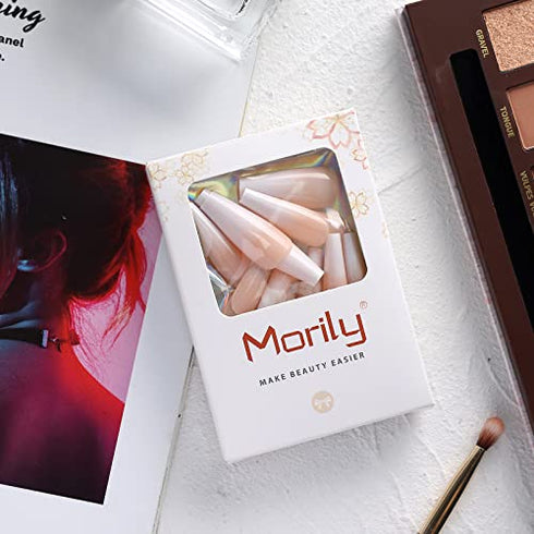 Morily 24pcs Fake Nails Ombre Ballerina Long Coffin Press on Nail False Tips Artificial Finger Manicure for Women and Girls (White)
