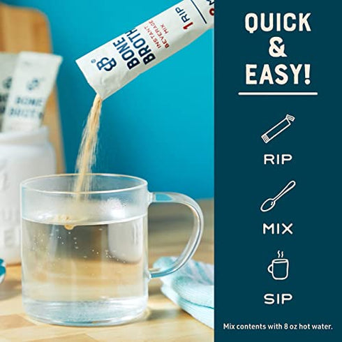 Bare Bones Bone Broth Instant Powdered Beverage Mix, Beef, Pack of 4, 15g Sticks, 10g Protein, Keto & Paleo Friendly