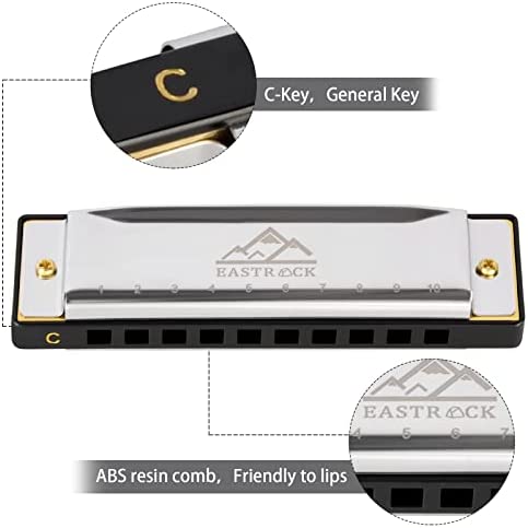 EastRock Blues Harmonica Mouth Organ Harp 10 Hole C Key with Case, Diatonic Harmonica for Beginner, Professional Player, Students gifts, Adult, Friends, Gift Silver