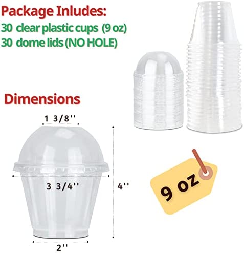 9 oz Clear Plastic Cups with Lids (NO HOLE), 30 Sets Fruit Cups with Lids for Party, Disposable Parfait Cups with Dome Lids, Dessert Cups for Pudding, Cake, Ice Cream, Cupcake, Snacks