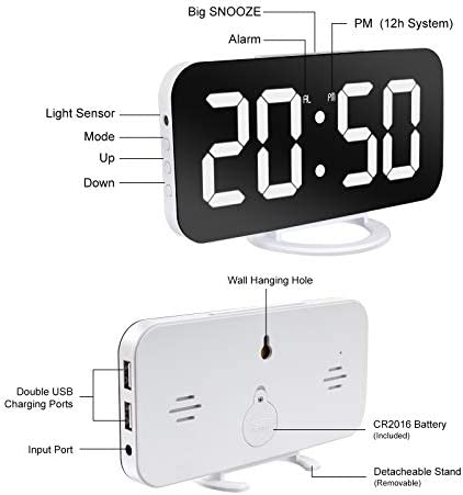 Lamisola Digital Alarm Clock, Large LED Mirror Display, 2 USB Charging Ports?Auto Dim Mode?Modern Design Clock for Bedroom Office, White