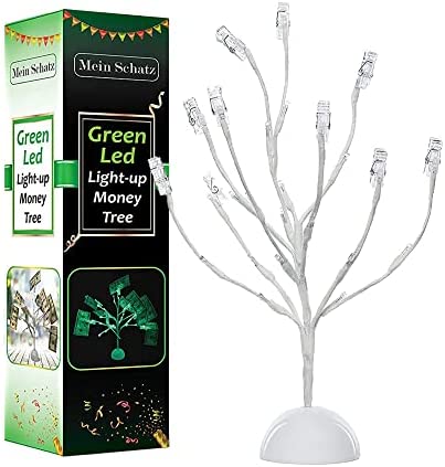 White Money Tree Gift Holder with Clips and LED Light Tips - Gift Card Holder Tree with 10 Photo Clips - Gift Card Tree Holder for Birthdays, Christmas, Weddings etc. - 17 inches tall - by Mein Schatz
