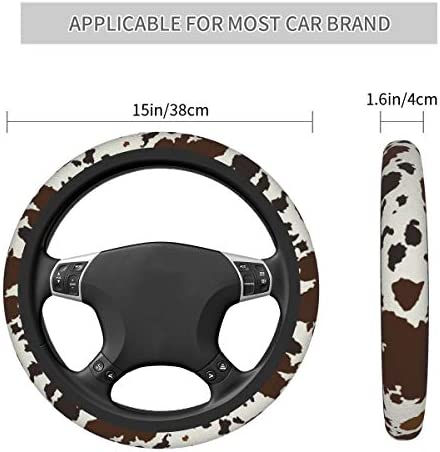 Cow Leather Skin Brown Car Steering Wheel Cover Elastic Comfortable Neoprene Steering Wrap Universal 15 Inch Durable Protector