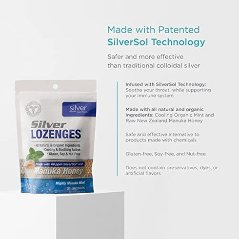 American Biotech Labs - Silver Biotics - Colloidal, Silver Lozenges - Made With 60 Ppm Silversol Technology And Made With Best Honey Manuka - 21 Count Bag