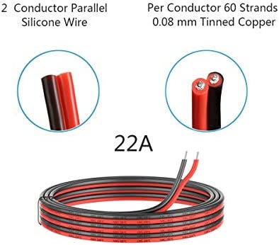 22 Gauge Silicone Electric Wire, EvZ 33ft 22AWG Flexible 2 Conductor Parallel Cable, 2pin Red Black, High Temperature Resistant, Single Color LED Strip Extension