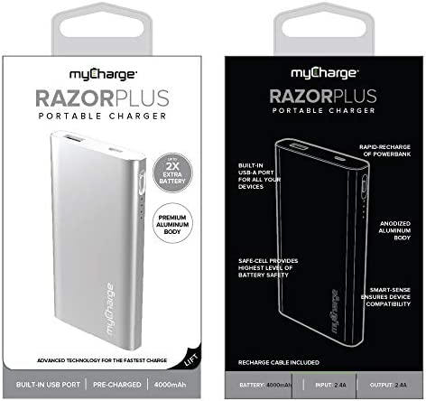 myCharge Portable Charger Power Bank - RazorPlus 4000mAh Internal Battery / 2.4A USB Port External Battery Pack for Cell Phones (Compatible with Apple iPhone, iPad, Android for Samsung Galaxy)