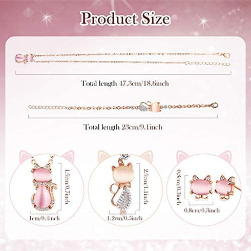 3 Pieces Cat Jewelry for Girls Set Cat Necklace Cat Bracelet Earring Pink Opal Pendant for Teen Girls and Women Christmas Gift