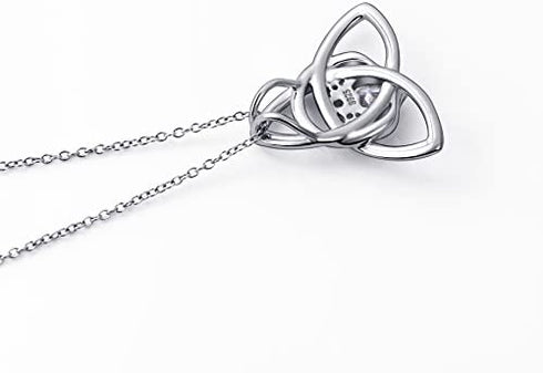 FLYOW 925 Sterling Silver Good Luck Irish Claddagh Celtic Knot Love Heart Pendant Necklace for Women Ladies Teen Girls Valentine's Day Gift, 18 Inch Rolo Chain
