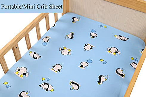 Tontukatu Pack n Play Stretchy Fitted Playard Sheet Set 2 Pack Jersey Knit Ultra Soft Baby Boy Girl Portable Mini Crib Sheets,Convertible Playard Mattress Cover,Penguin Crocodile Monkey Blue Yellow