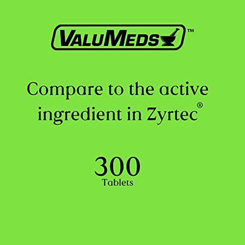 ValuMeds 24-Hour Allergy Medicine (300-Count) Antihistamine for Pollen, Hay Fever, Dry, Itchy Eyes, Allergies | Cetirizine HCl 10mg Caplets