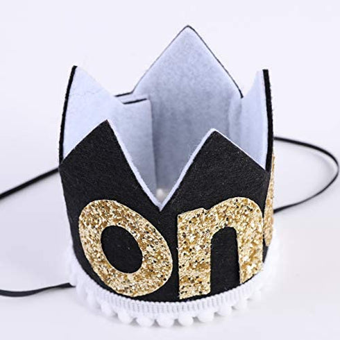 WAOUH Mr Onederful Hat for 1st Birthday - First Birthday Decoration for Baby's, Cake Smash Photo Prop, Glitter Crown for Girl or Boy (Black Golden Crown Hat)