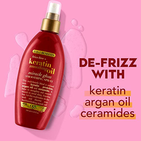 Frizz-Free + Keratin Smoothing Oil Miracle Gloss Spray, 5 in 1, De-frizz & Shiny Hair, Argan Oil