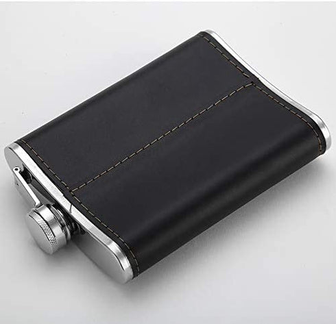 YFS Whiskey Flask With American Flag for Liquor and Funnel, 8 Oz Leak Proof Stainless Steel Pocket Hip Flask with Soft Touch Leather Cover, Black Flask for Men