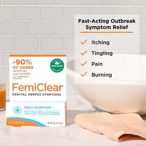 FemiClear for Genital Herpes Symptoms, Multi-Symptom - Effective Intimate Relief - Formulated with All-Natural and Organic Ingredients - 0.5 Ounce Tube