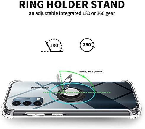 for OnePlus Nord N200 5G Case with Tempered Glass Screen Protector Clear Soft Shockproof Protective Phone Case Cover with 360 Degree Rotating Holder Kickstand for OnePlus N200 5G, Crystal Clear