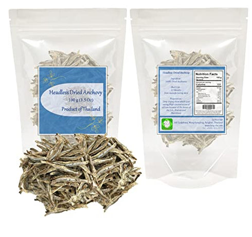 Dried Anchovy Headless Deep-frying as Snack or add flavor to soups, side dish Product of Thailand 3.5 Oz.(100)
