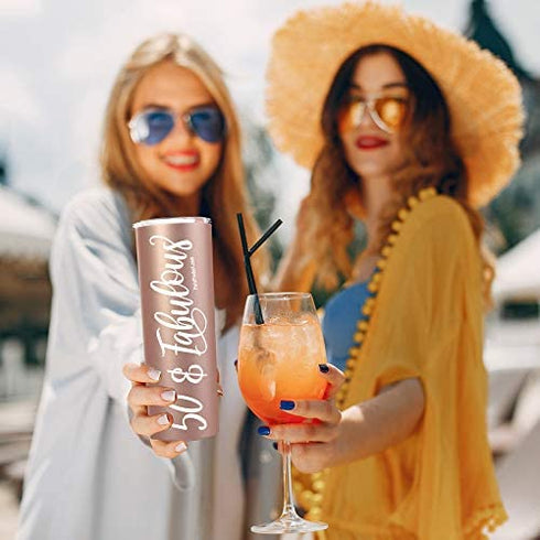 PARIS PRODUCTS CO. 50 & Fabulous Stainless Steel Wine Tumbler w Lid + Straw, Happy 50th Birthday Gifts For Her, 50th Birthday Gifts Women, 50th Birthday Decorations For Her, 50th Birthday Cup