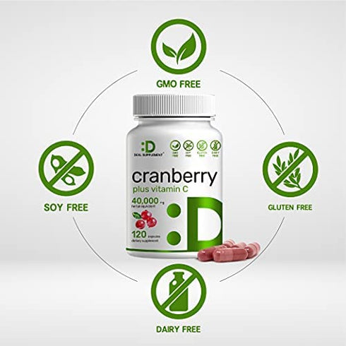 Cranberry Pills with Vitamin C , 2-1 Formula, 100 :1 Fruit Concentrate | Equals to 40,000 mg Fresh Cranberries | 120 Capsules, 4X Ultimate Urinary Tract Support, No Sugar, No GMO, No Gluten