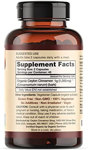 Organic Ceylon Cinnamon (100% Certified) Supplement, 90 Capsules by Ceylon Cinnamon Shop