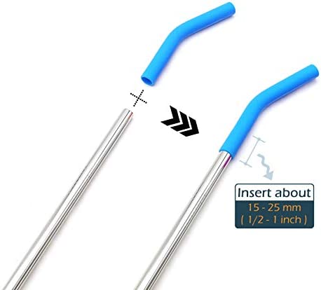 Big Drinking Straws Reusable 14.5" Extra Long 8mm Extra Wide Food-Grade 18/8 Stainless Steel Silicone Elbows Tips for Smoothie Milkshake Cocktail Juice Hot Drinks - Set of 4 + 2 Cleaning Brushes