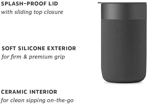W&P Porter Ceramic Mug w/ Protective Silicone Sleeve, Charcoal 16 Ounces | On-the-Go | No Seal Tight | Reusable Cup for Coffee or Tea | Portable | Dishwasher Safe