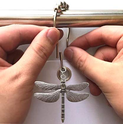 Aimoye Dragonfly Bathroom Shower Curtain Hooks - Rust Proof Brushed Nickel Rings with Dragonfly Pendant Accessories Set Decorate Bath Room with Natural, Forest, Garden, Country Theme, 12PCS