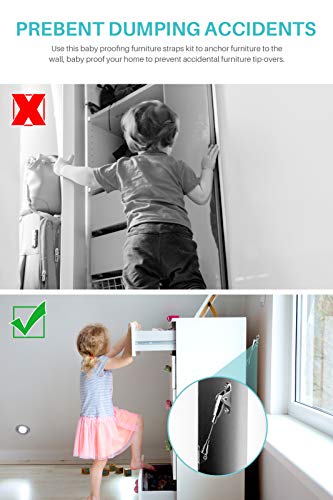 Furniture Straps for Baby Proofing(4 Pack), Metal Anti Tip Furniture Anchors Kit, Cabinet Wall Anchors Protect Toddler/Pet from Falling Furniture, Adjustable Earthquake-Resistant Child Safety Straps