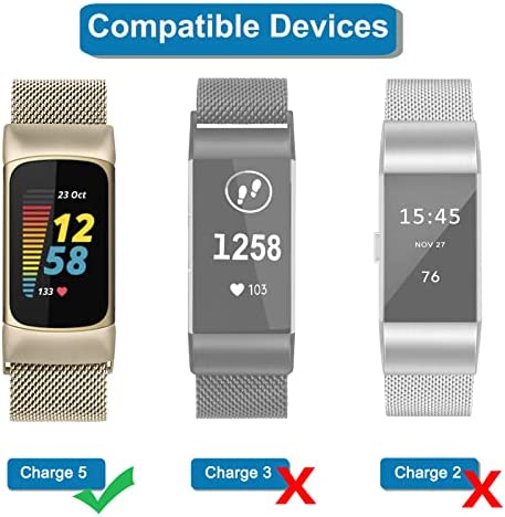 Tobfit Metal Band Compatible with Fitbit Charge 5 Bands for Women Men, Magnetic Clasp Stainless Steel Mesh Loop Strap (Black & Space Gray)