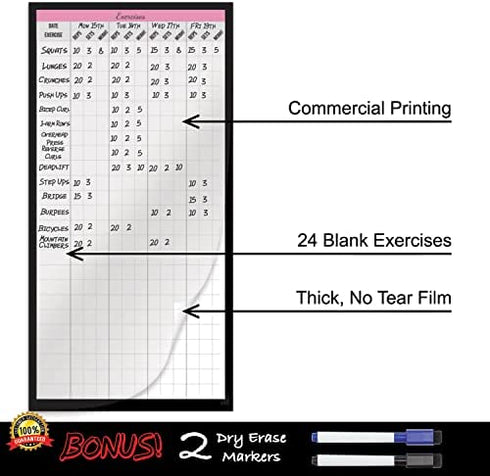 Dry Erase Workout Calendar Planner - Pink Workout Planner for Women with a Fitness Calendar, Exercises, Goals, Fitness Planner Notes Section and More. Workout Whiteboard
