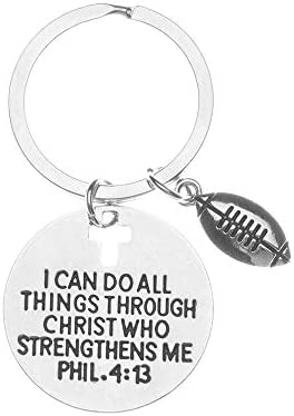 Football Charm Keychain, Christian Faith Charm Keychain, I Can Do All Things Through Christ Who Strengthens Me Phil. 4:13 Scripture Jewelry, Football Gifts for Men, Teens and Boys