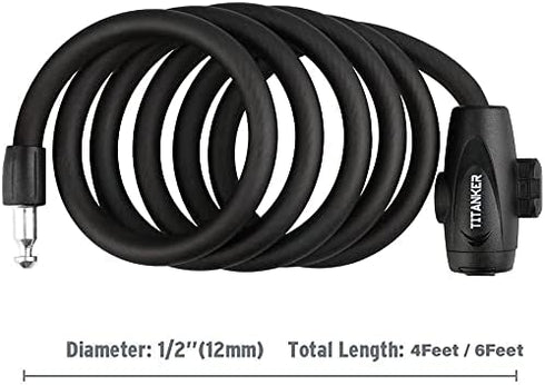 Titanker Bike Lock, Bike Locks Cable Lock Coiled Secure Keys Bike Cable Lock with Mounting Bracket, 1/2 Inch Diameter