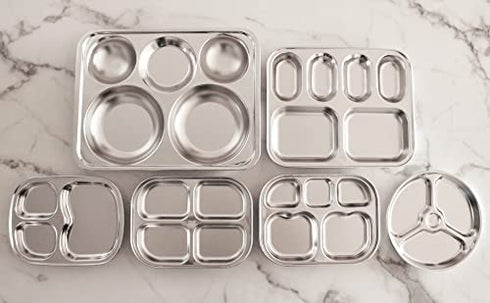 Korean Stainless Steel Divided Plates by KS&E, Kids Toddlers Babies Tray, BPA Free, Diet Food Control, Camping Dishes, Compact Serving Platter, Dinner Snack, 3 Compartment Plate Silver, Set of 2