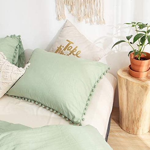 Sage Green Pom Poms Pillowcases, Green Standard Pillow Cases Set of 2, 100% Washed Microfiber, Dark Sea Green Ball Fringe Pillow Cover, 2 Pack (Queen, Sage Green)