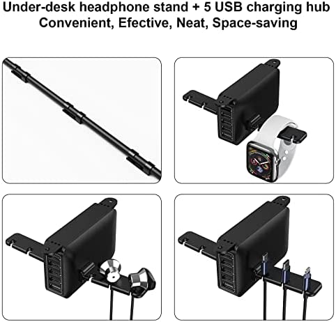 PC Gaming Headphone Headset Holder Hanger Hook Stand, HORUMP Dual Headphone Stand Under Desk with 5 Ports USB Charging Station, Suitable for Gamer Earphone Accessories as Boyfriend, Son, Husband Gifts