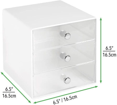 mDesign Plastic Home Office 3 Drawer Cube Storage Organizer - Desktop Organization for Office Supplies, Gel Pens, Pencils, Markers, Tape, Erasers, Paperclips, Chargers - White/Clear