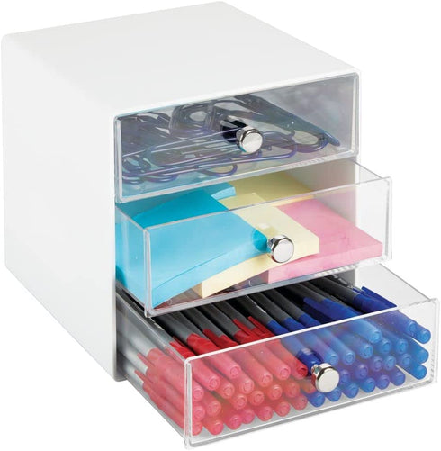 mDesign Plastic Home Office 3 Drawer Cube Storage Organizer - Desktop Organization for Office Supplies, Gel Pens, Pencils, Markers, Tape, Erasers, Paperclips, Chargers - White/Clear