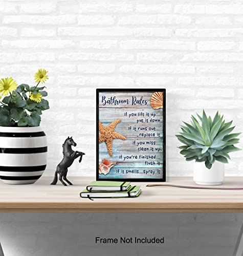 Beach Bathroom Decor - Coastal Nautical Rustic Bathroom Decor -Starfish, Seashells Restroom, Bath Art - Ocean, Sea House Wall Art, Home Decoration - Unique Shabby Chic Gift - Blue Sign 8x10 Photo