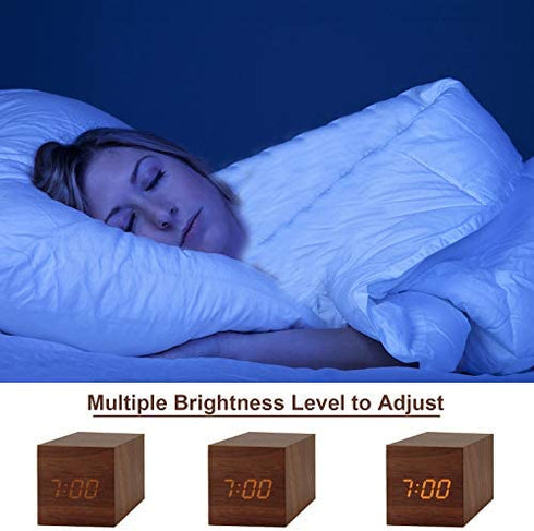 Digital Alarm Clock, with Wooden Electronic LED Time Display, 3 Alarm, 2.5-inch Cubic Small Mini Wood Made Electric Clocks for Bedroom, Bedside, Desk, Brown