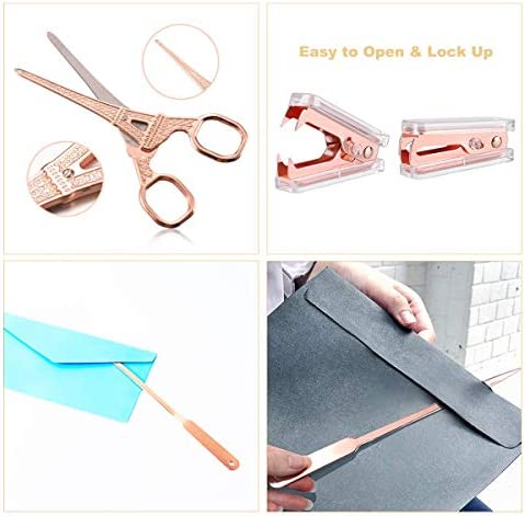Rose Gold Desk Accessories Set - Scissors, Staple Remover and 2 Letter Openers, Luxury Rose Gold Office Supplies & Desk Decorations