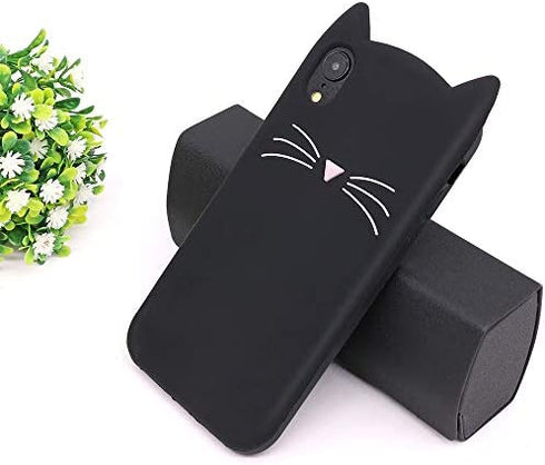 Megantree Cute iPhone XR case, Funny Animal Black Whisker Cat Ears Kitty Case, 3D Cartoon Soft Silicone Shockproof Slim Fit Back Cover Cases Skin for Girls Kids Women