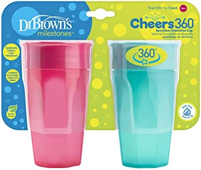 Dr. Brown's Cheers 360 Spoutless Training Cup, 9m+, 10 Ounce, Pink/Turquoise, 2 Count