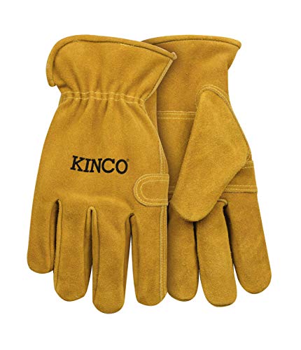 Kinco - Unlined Suede Cowhide Leather Work Gloves, Heavy Duty Reinforced Palm, Extremely Durable, Easy-On Cuff, Fitted Elastic Wrist, (Style No. 97)